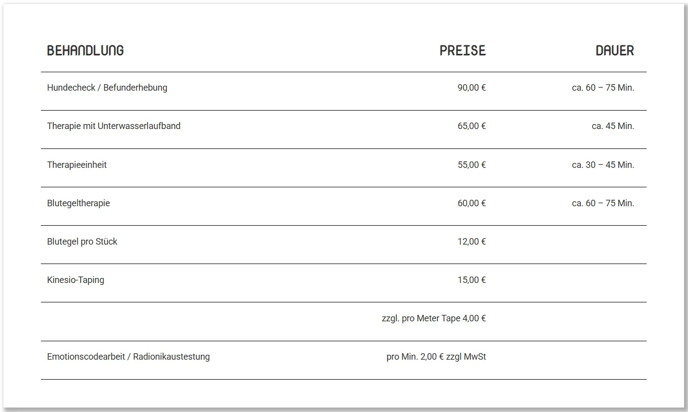 Preisliste pfotenfit-Hundephysiotherapie